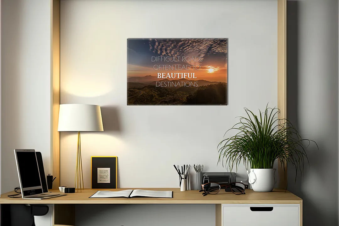 Kurkborden op canvas met motiverende quote over mooie bestemmingen – formaat 140 × 100 cm