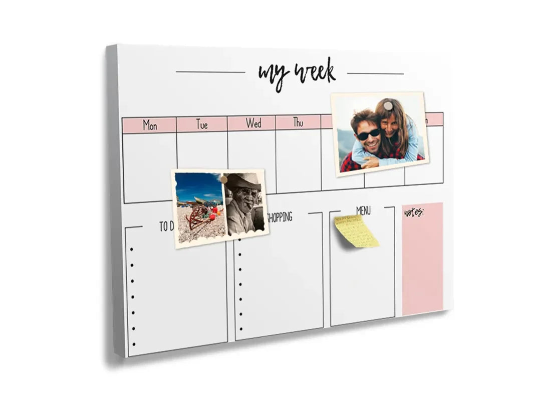 Kurkborden op canvas met roze weekplanner met notitievakken – formaat 60 × 40 cm