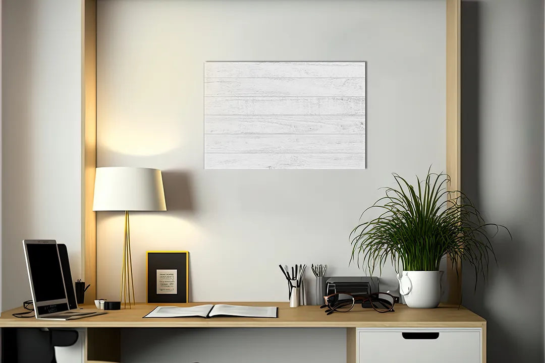 Kurkborden op canvas met wit houten plankenpatroon – formaat 140 × 100 cm