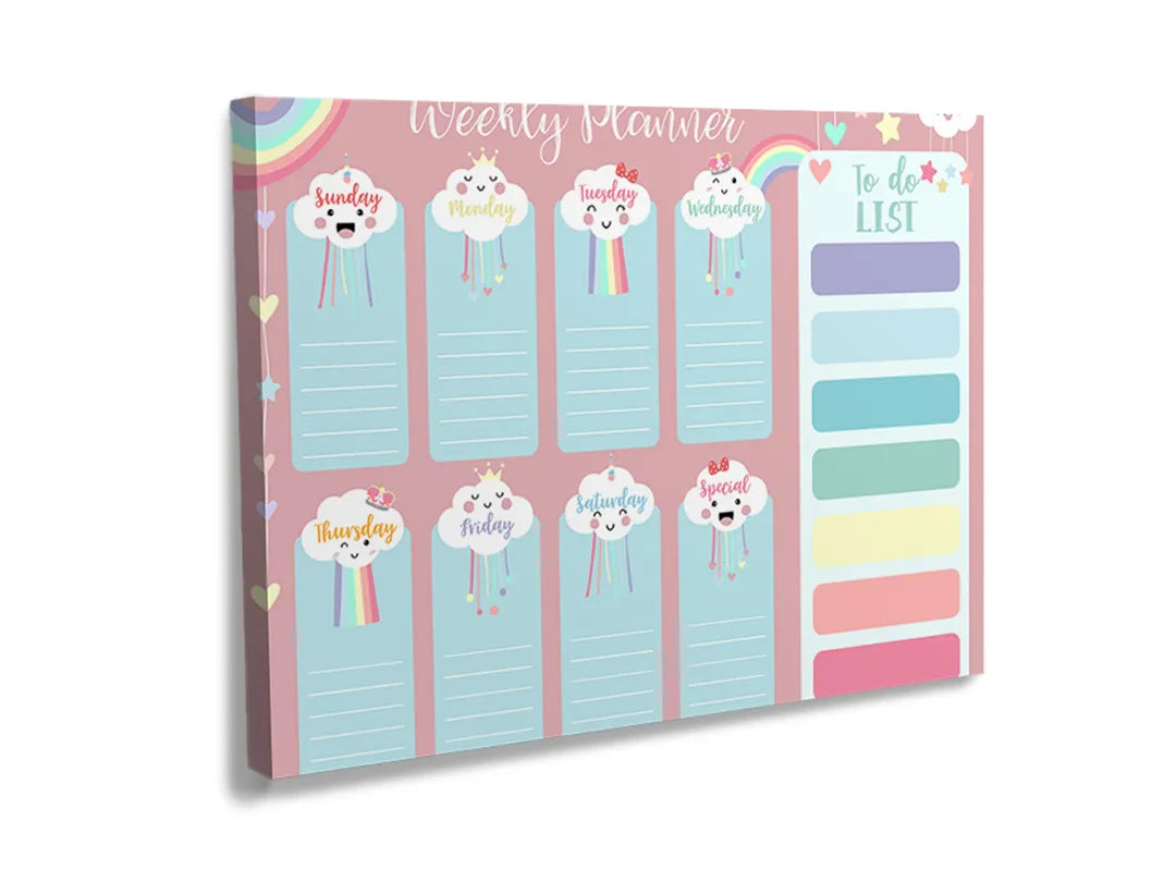 Kurkborden op canvas met pastel weekplanner met regenbogen – formaat 120 × 80 cm