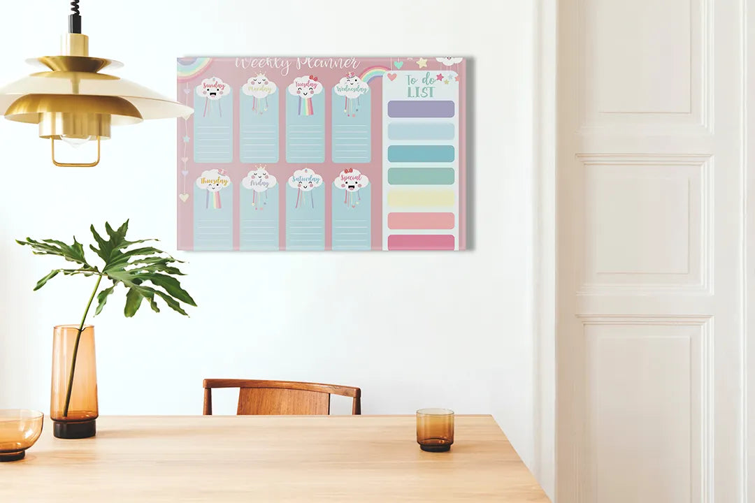 Kurkborden op canvas met pastel weekplanner met regenbogen – formaat 100 × 70 cm