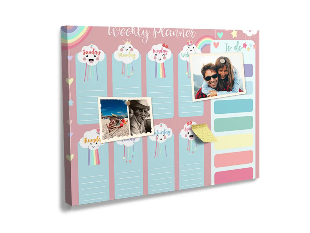 Kurkborden op canvas met pastel weekplanner met regenbogen – formaat 60 × 40 cm