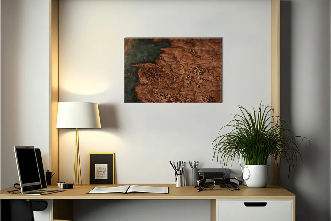Kurkborden op canvas met bruine antieke landkaartstructuur – formaat 140 × 100 cm