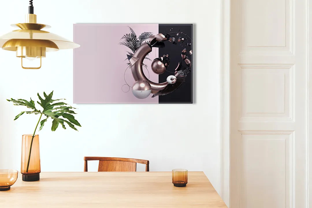 Kurkborden op canvas met abstracte 3d compositie in roze en zwart – formaat 100 × 70 cm