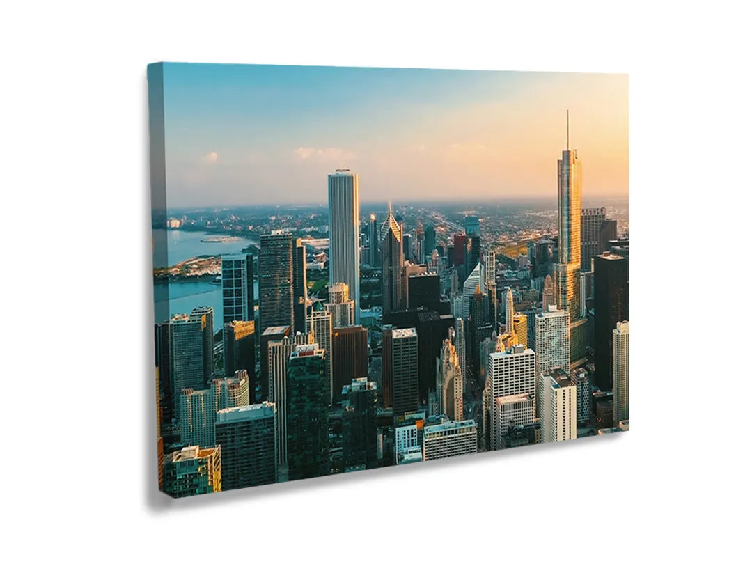 Kurkborden op canvas met moderne skyline in ochtendlicht – formaat 120 × 80 cm