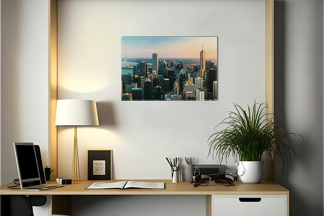 Kurkborden op canvas met moderne skyline in ochtendlicht – formaat 140 × 100 cm