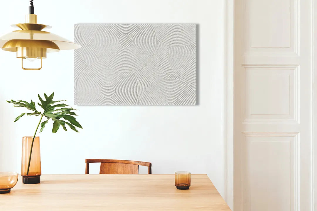 Kurkborden op canvas met wit reliëfpatroon met cirkels – formaat 100 × 70 cm