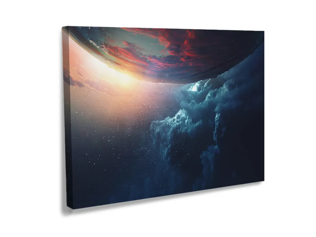 Kurkborden op canvas met dramatische planeet en stormwolken – formaat 120 × 80 cm