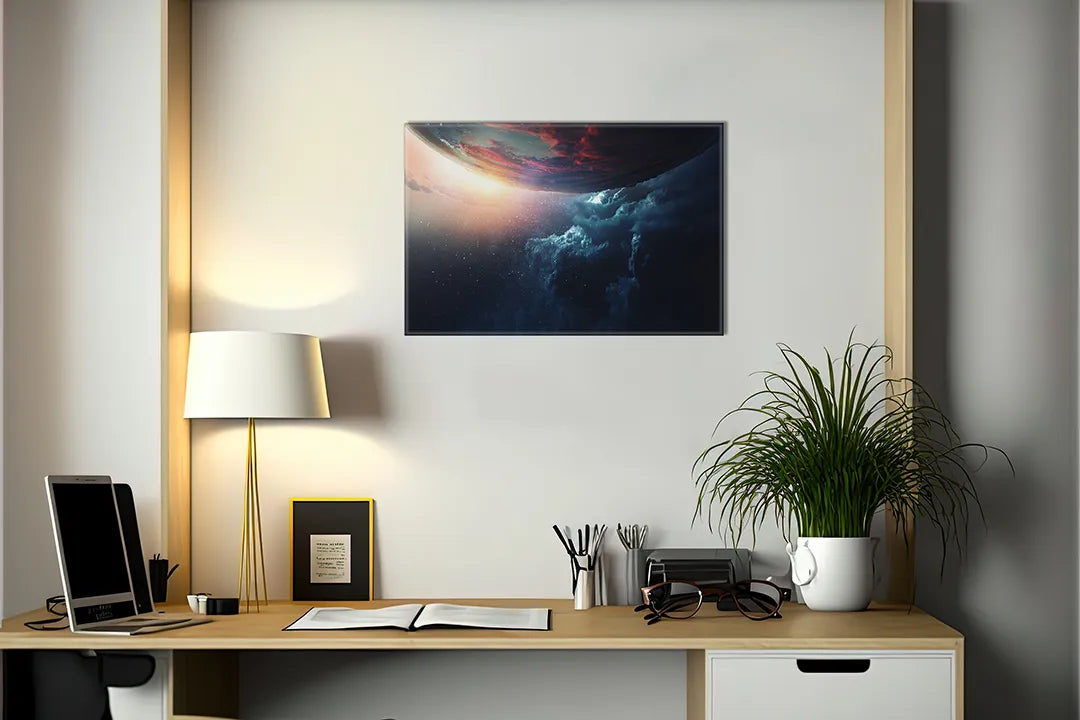 Kurkborden op canvas met dramatische planeet en stormwolken – formaat 140 × 100 cm