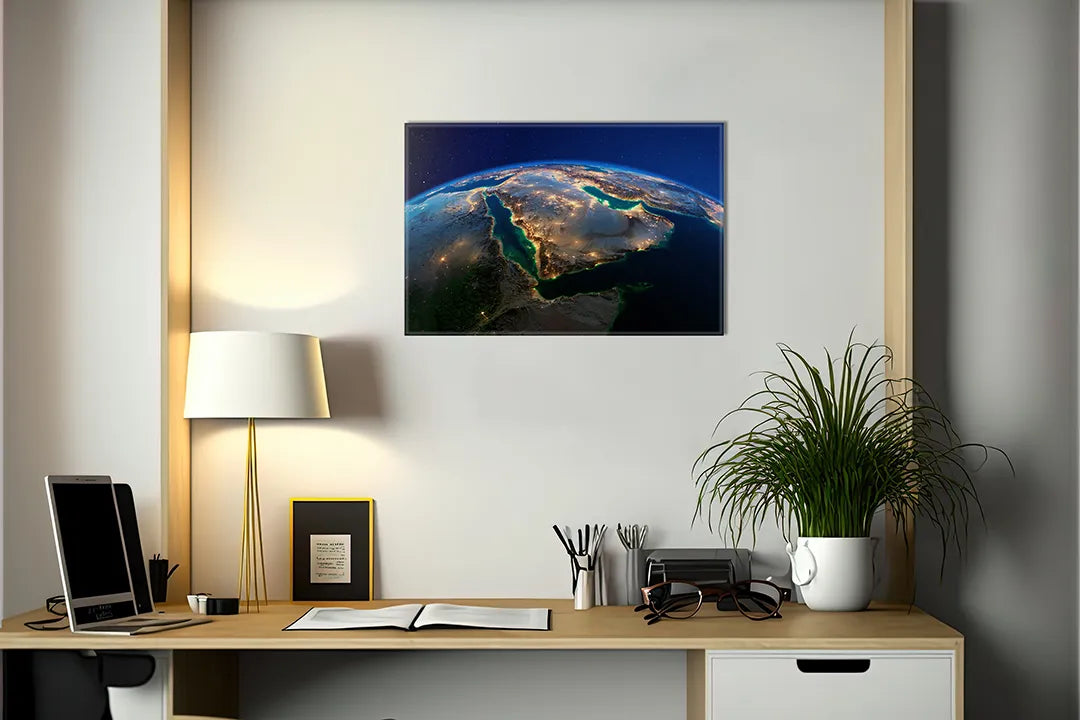 Kurkborden op canvas met aarde vanuit de ruimte – formaat 140 × 100 cm