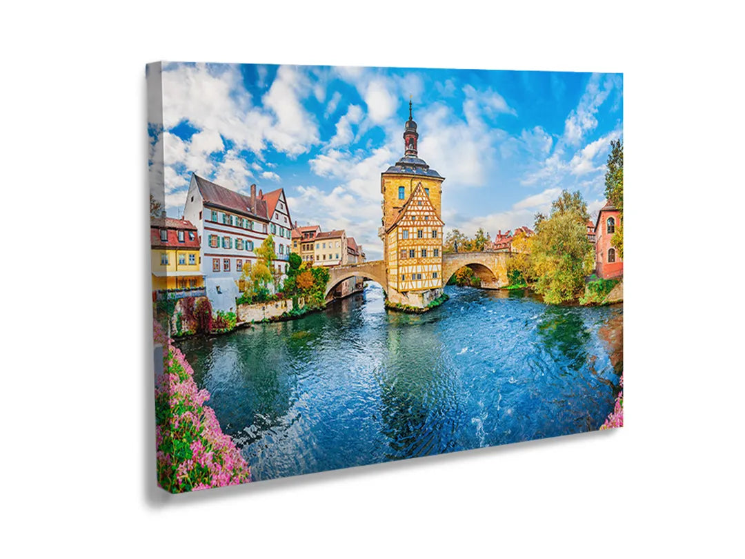 Kurkborden op canvas met historische stad aan de rivier – formaat 120 × 80 cm