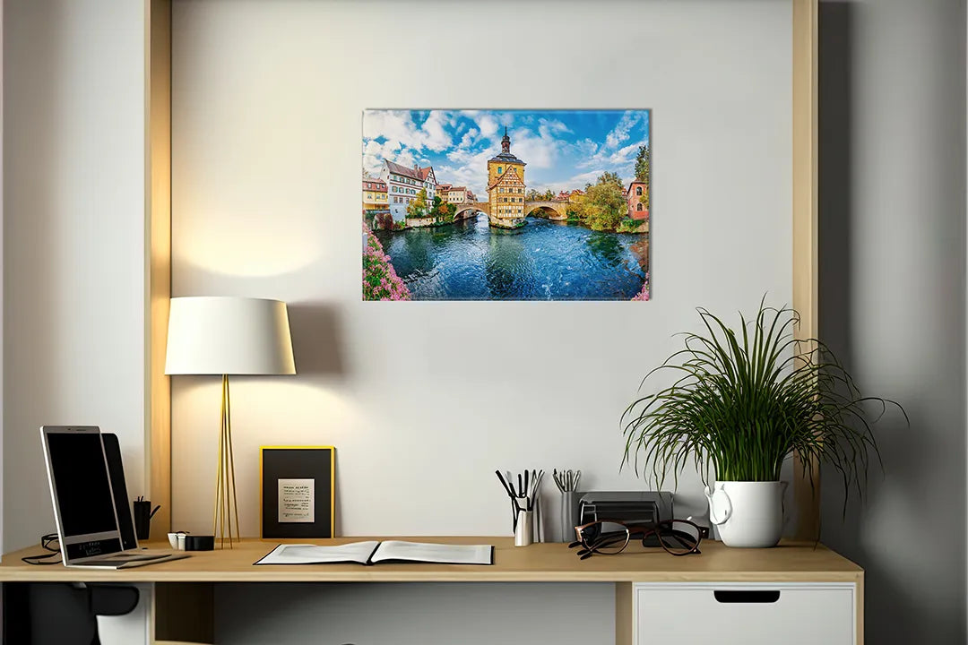 Kurkborden op canvas met historische stad aan de rivier – formaat 140 × 100 cm