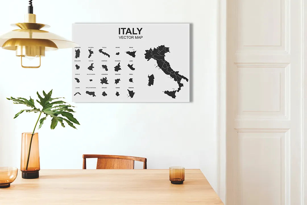 Kurkborden op canvas met zwart-witte kaart van italië – formaat 100 × 70 cm
