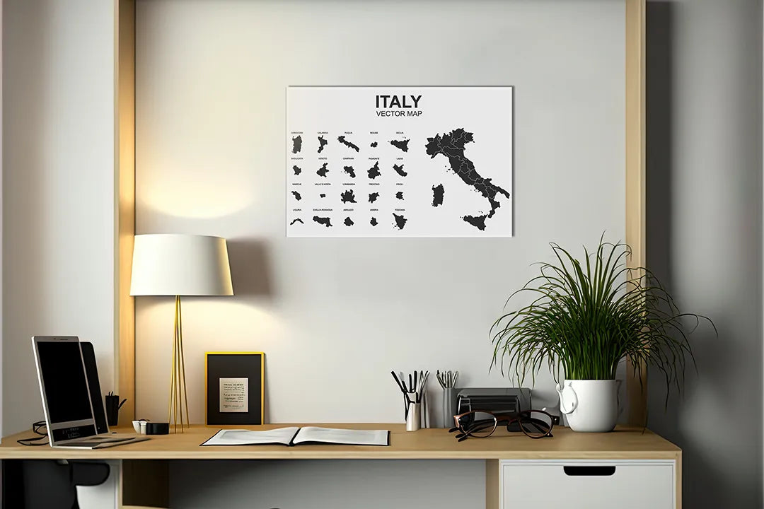Kurkborden op canvas met zwart-witte kaart van italië – formaat 140 × 100 cm
