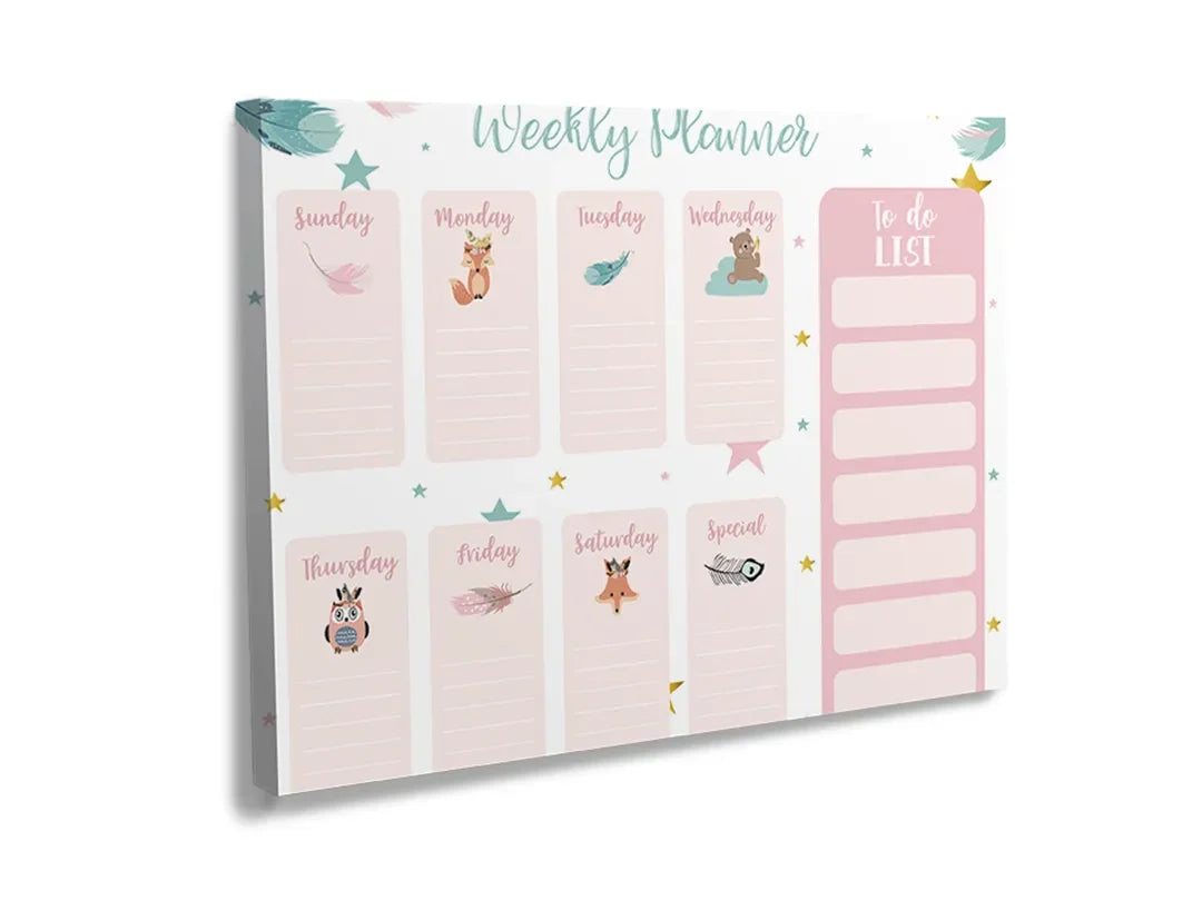 Kurkborden op canvas met pastel weekplanner met dierenillustraties – formaat 120 × 80 cm