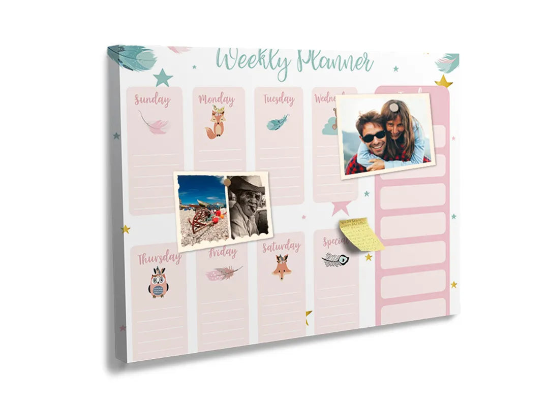 Kurkborden op canvas met pastel weekplanner met dierenillustraties – formaat 60 × 40 cm