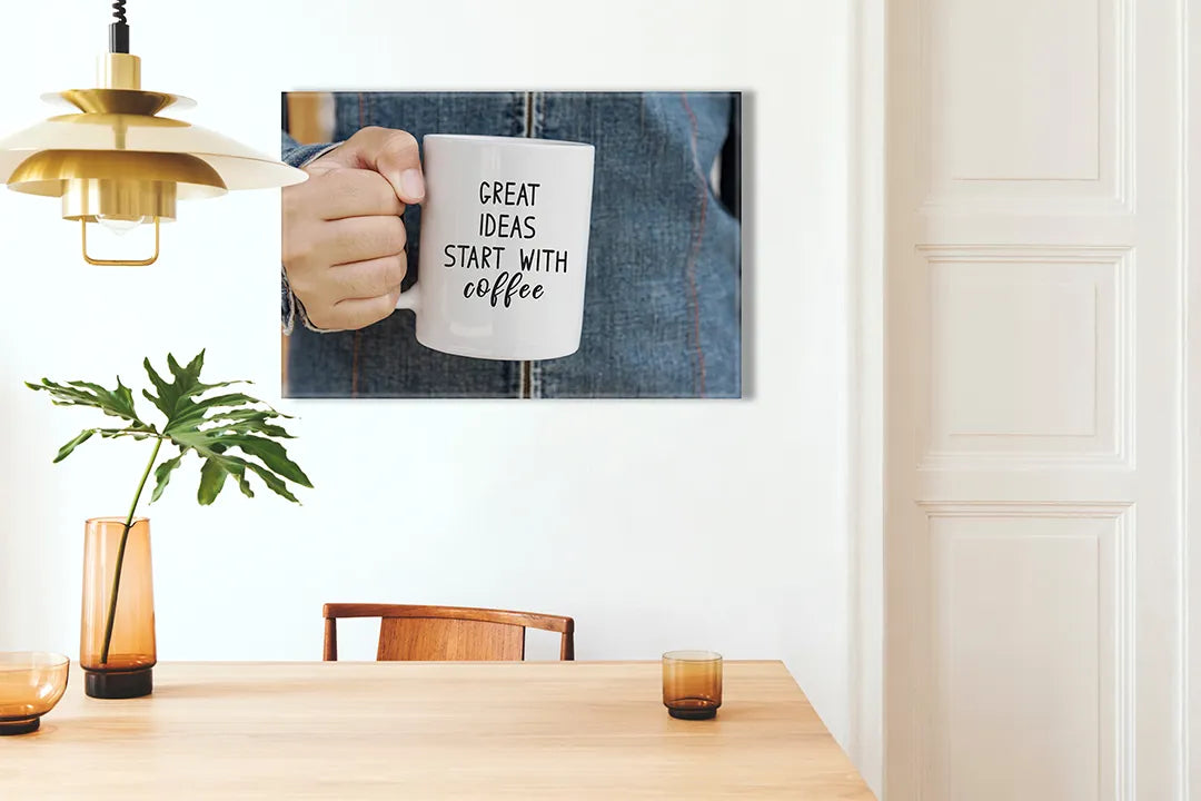 Kurkborden op canvas met koffiemok met creatieve quote – formaat 100 × 70 cm