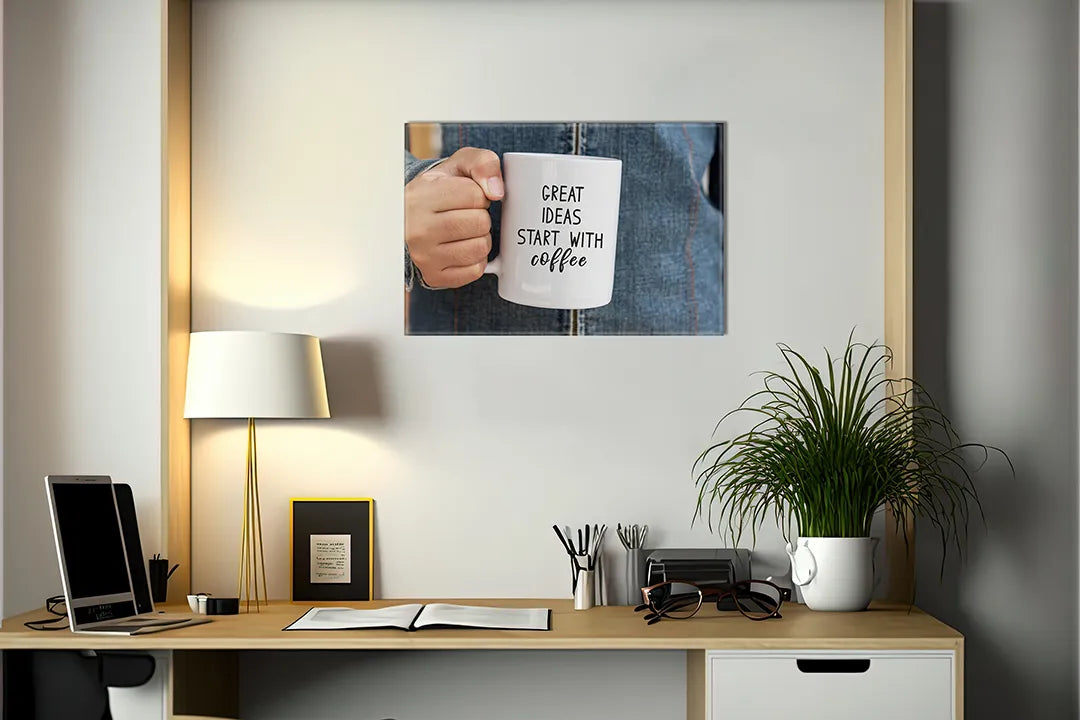 Kurkborden op canvas met koffiemok met creatieve quote – formaat 140 × 100 cm