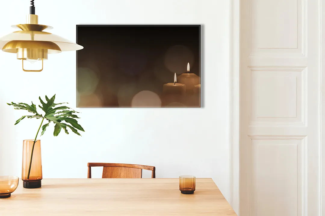 Kurkborden op canvas met kaarslicht met zachte bokeh – formaat 100 × 70 cm