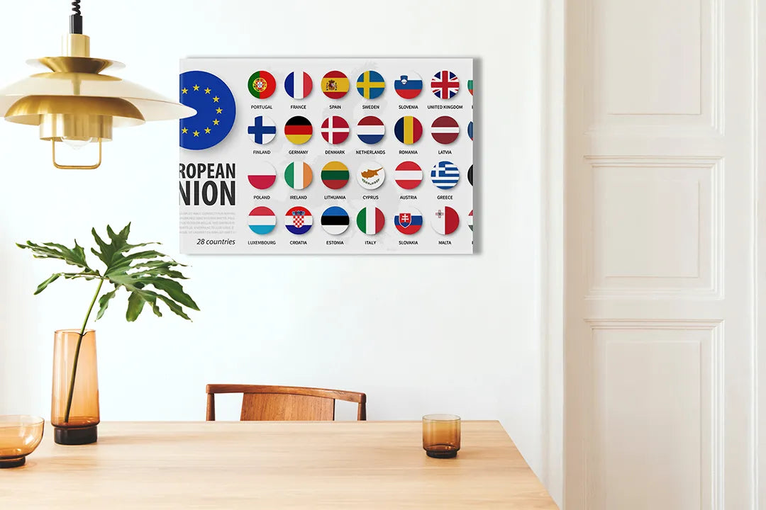 Kurkborden op canvas met vlaggen van de europese unie – formaat 100 × 70 cm