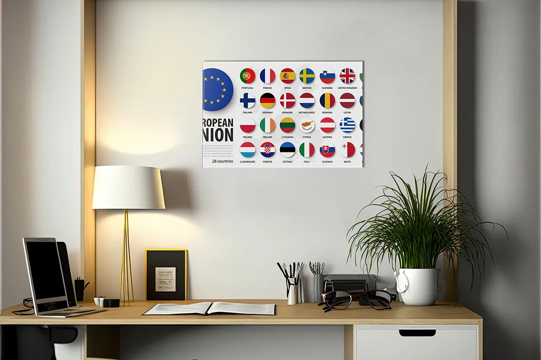 Kurkborden op canvas met vlaggen van de europese unie – formaat 140 × 100 cm