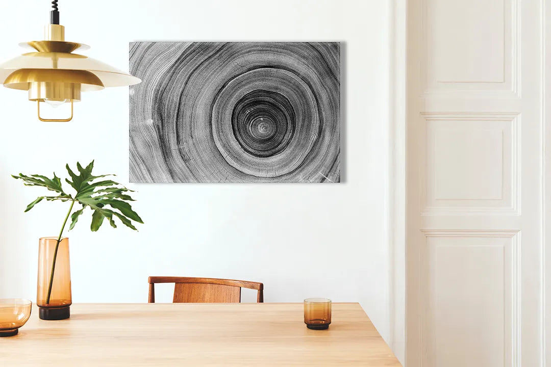 Kurkborden op canvas met zwart-witte boomringen – formaat 100 × 70 cm