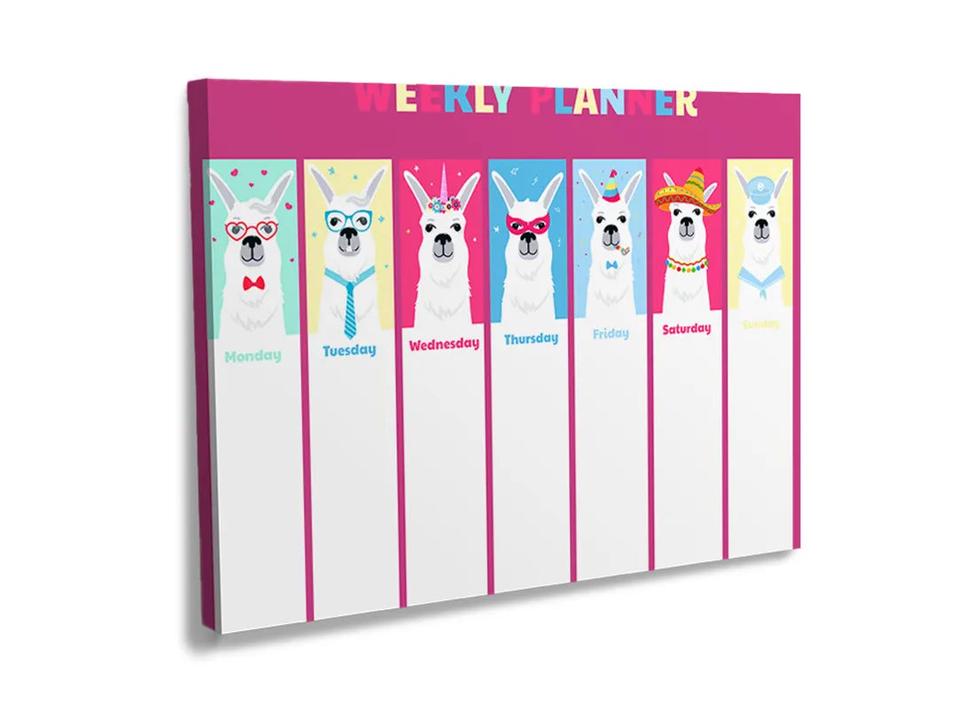Kurkborden op canvas met roze weekplanner met lama's – formaat 120 × 80 cm