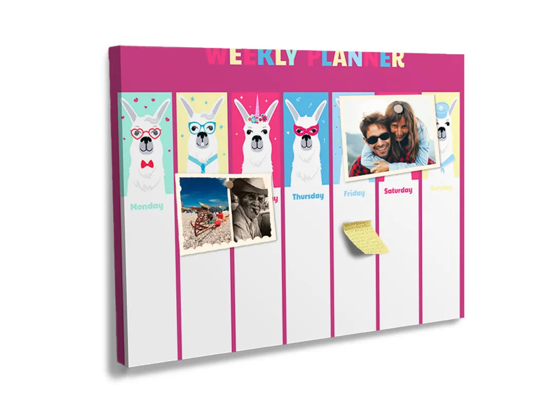 Kurkborden op canvas met roze weekplanner met lama's – formaat 60 × 40 cm