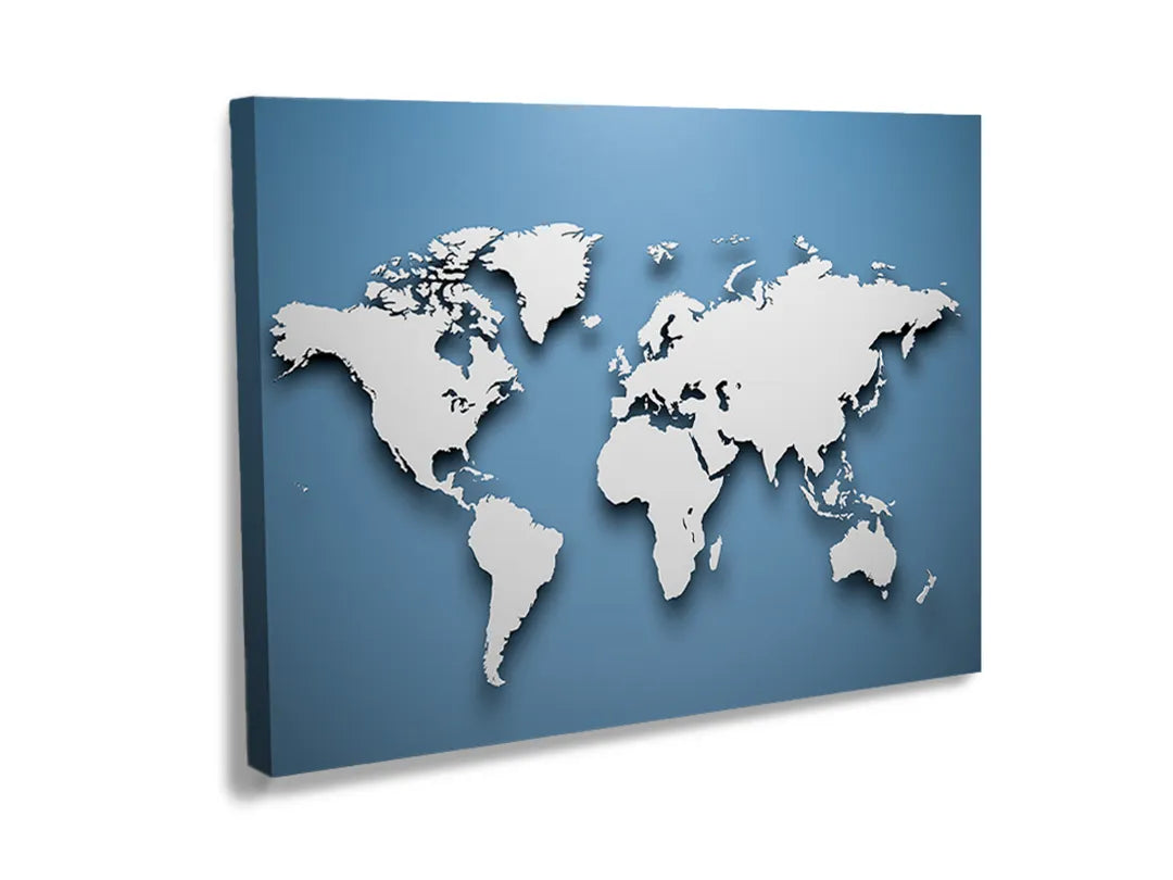 Kurkborden op canvas met driedimensionale wereldkaart op blauw – formaat 120 × 80 cm