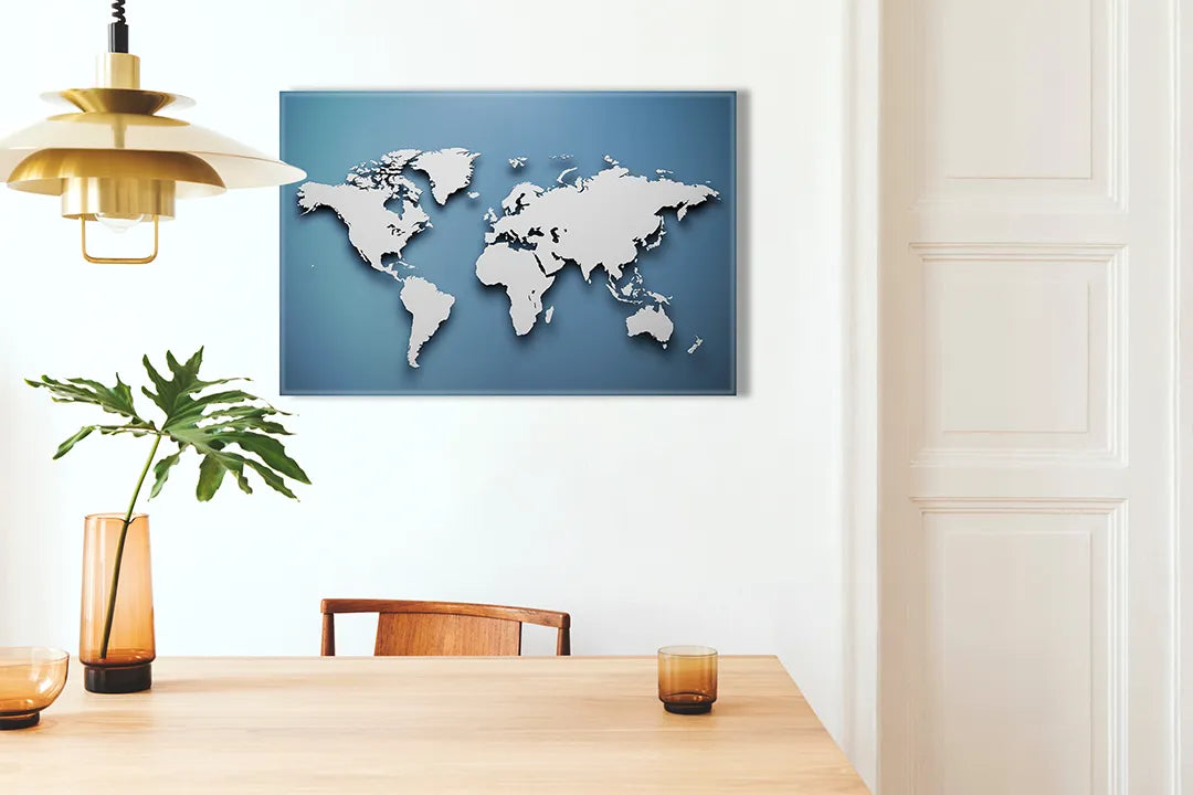 Kurkborden op canvas met driedimensionale wereldkaart op blauw – formaat 100 × 70 cm
