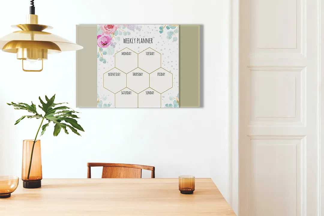 Kurkborden op canvas met bloemen weekplanner met zeshoeken – formaat 100 × 70 cm