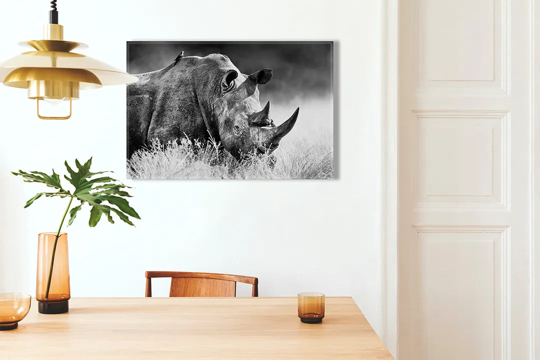 Kurkborden op canvas met zwart-wit neushoornportret – formaat 100 × 70 cm