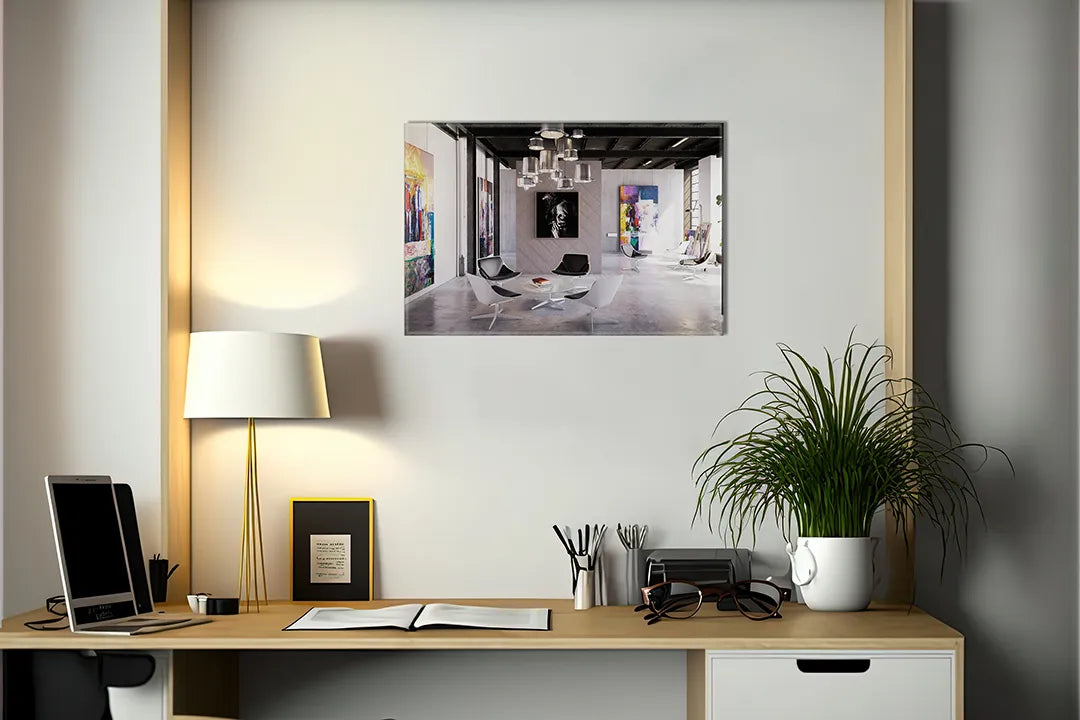 Kurkborden op canvas met modern interieur met kunstwerken – formaat 140 × 100 cm