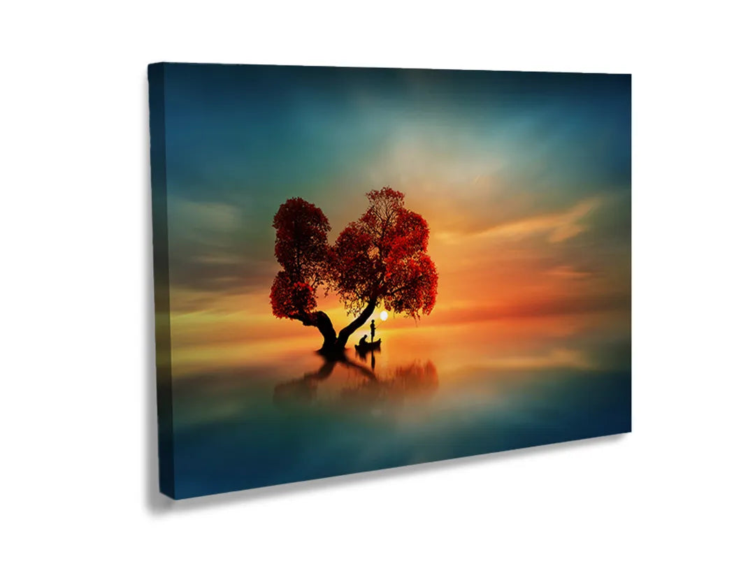 Kurkborden op canvas met eenzame boom bij zonsondergang – formaat 120 × 80 cm