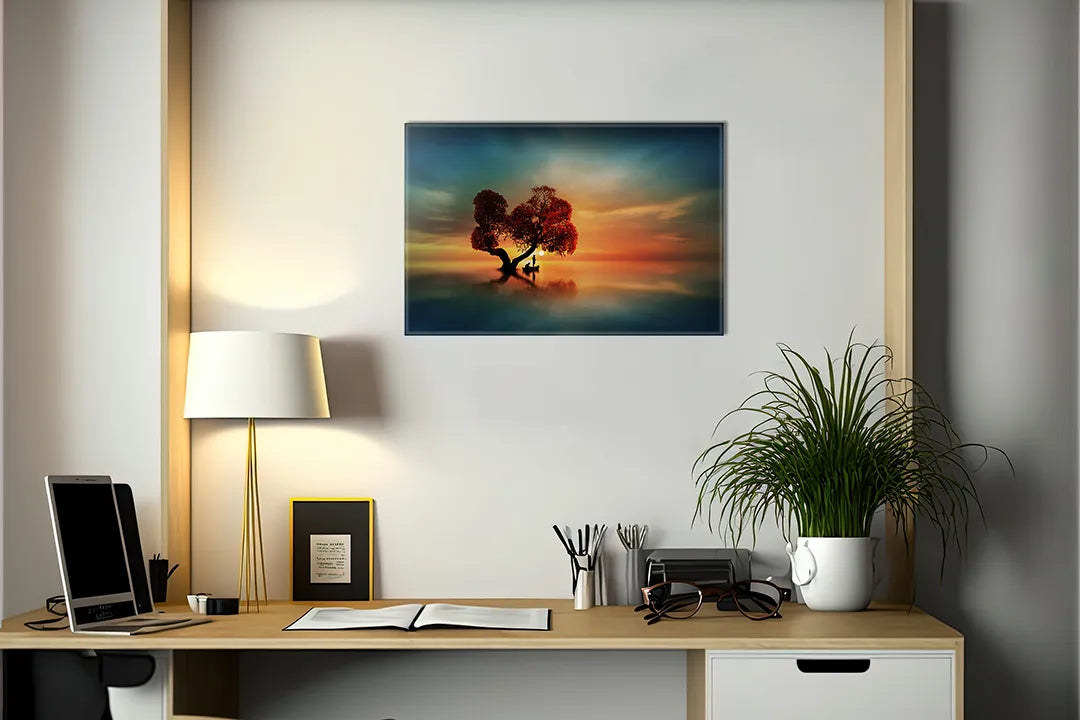 Kurkborden op canvas met eenzame boom bij zonsondergang – formaat 140 × 100 cm