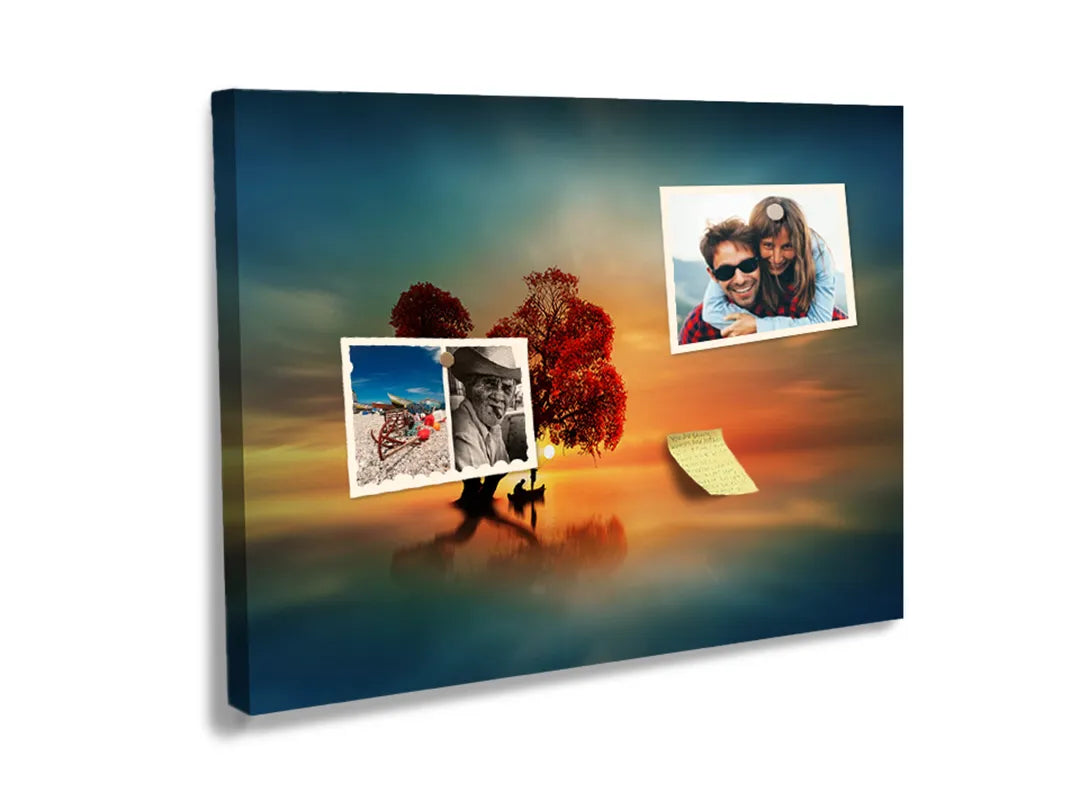 Kurkborden op canvas met eenzame boom bij zonsondergang – formaat 60 × 40 cm