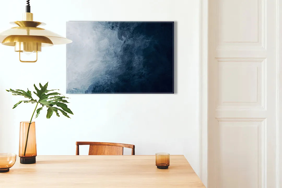Kurkborden op canvas met blauw mistig abstract schilderij – formaat 100 × 70 cm