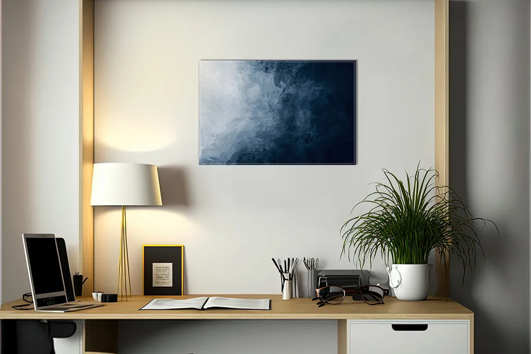 Kurkborden op canvas met blauw mistig abstract schilderij – formaat 140 × 100 cm