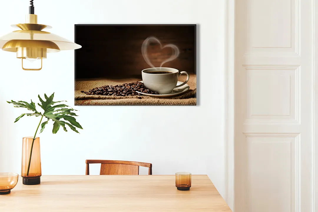 Kurkborden op canvas met warme koffie met koffiebonen – formaat 100 × 70 cm