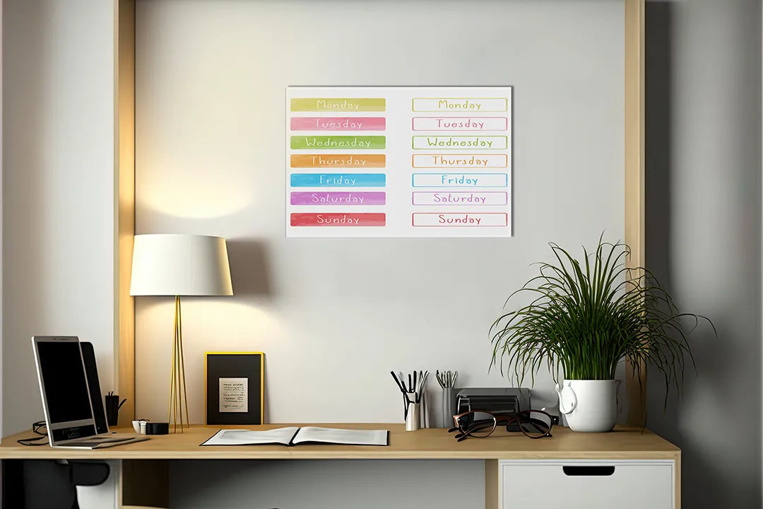 Kurkborden op canvas met kleurrijke dagen van de week – formaat 140 × 100 cm