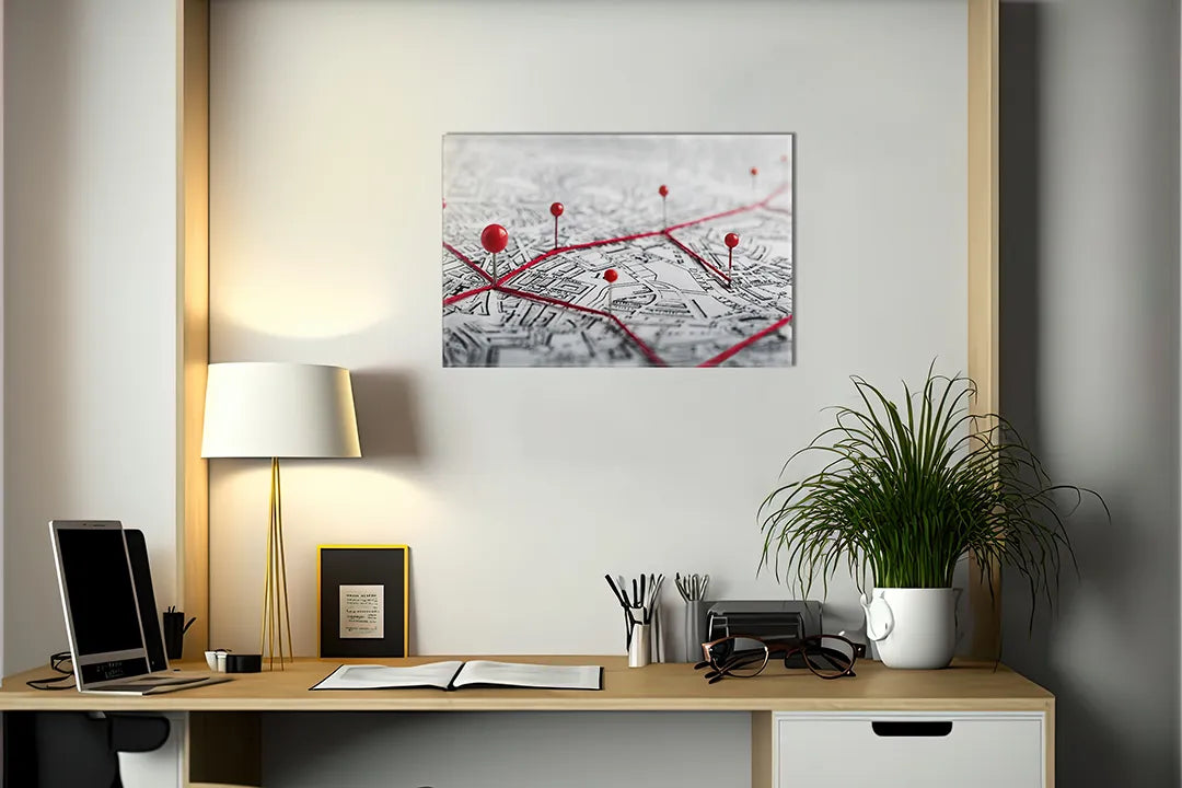 Kurkborden op canvas met stadskaart met rode locatiepinnen – formaat 140 × 100 cm