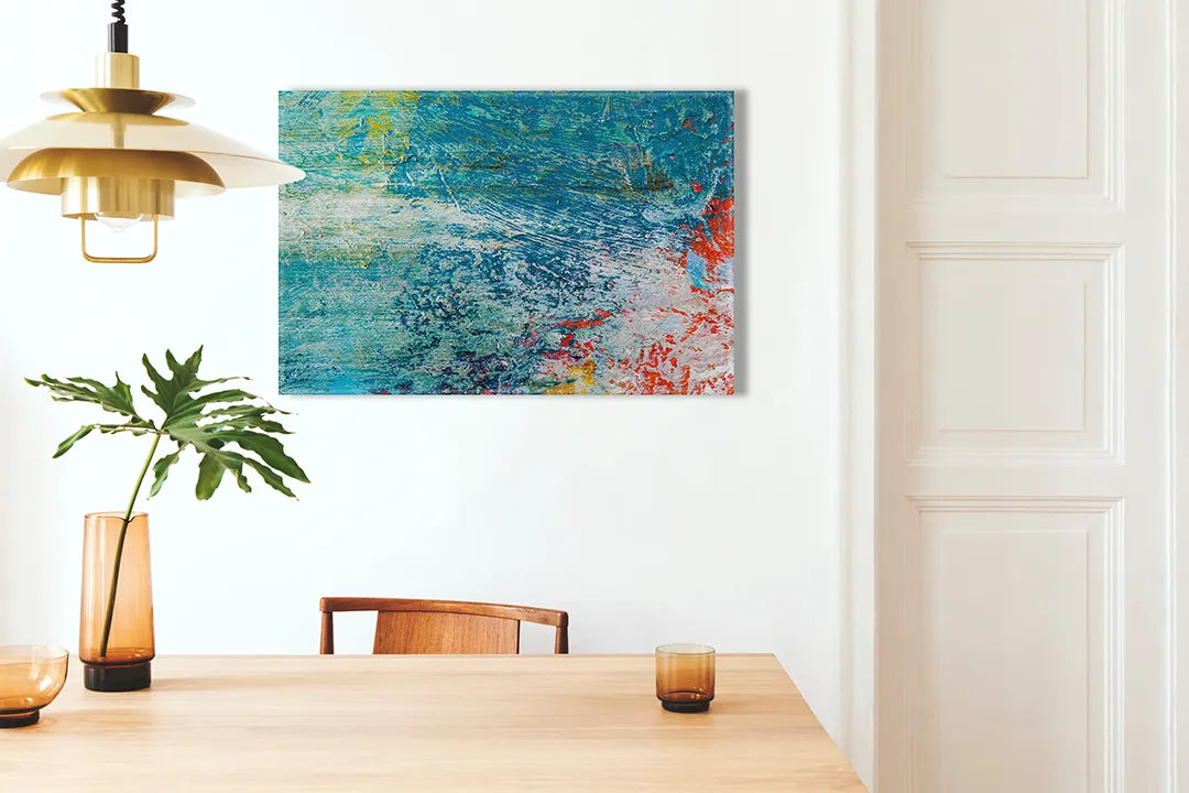 Kurkborden op canvas met abstract turquoise verfschilderij – formaat 100 × 70 cm