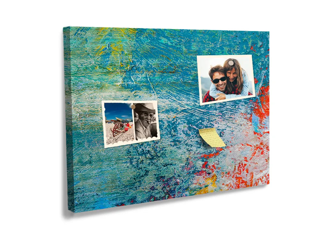 Kurkborden op canvas met abstract turquoise verfschilderij – formaat 60 × 40 cm