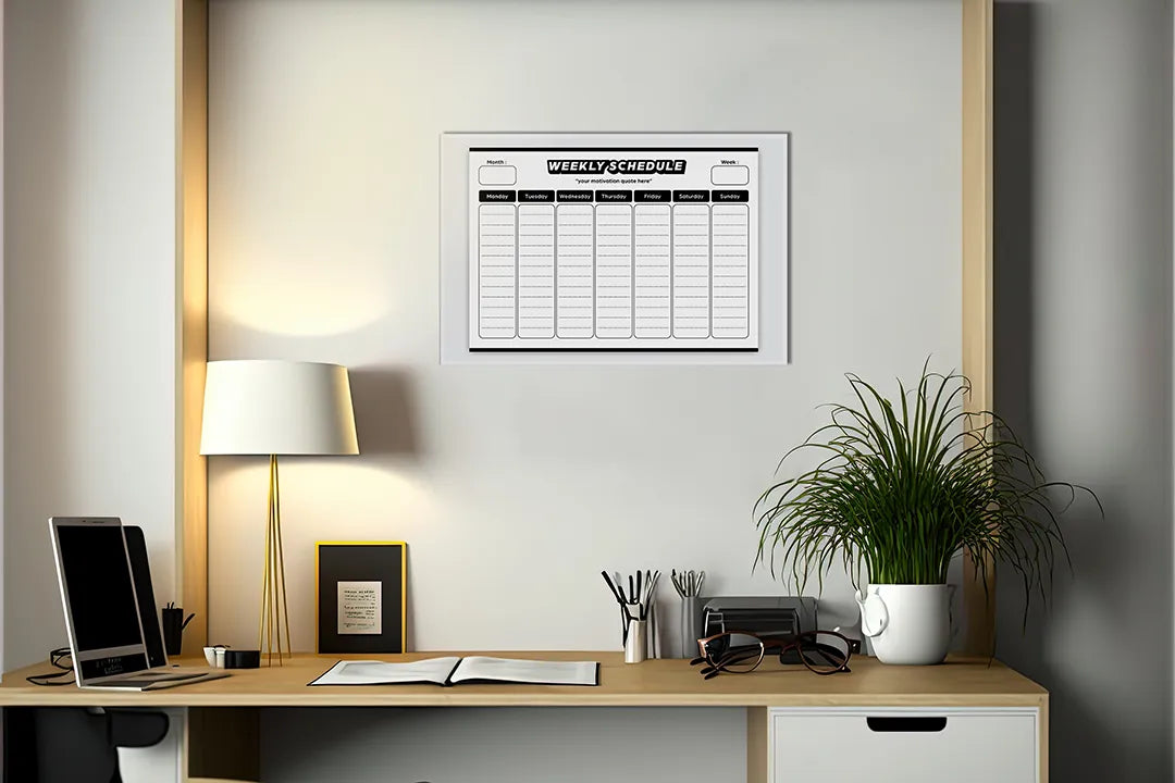 Kurkborden op canvas met zwart-witte weekschema planner – formaat 140 × 100 cm