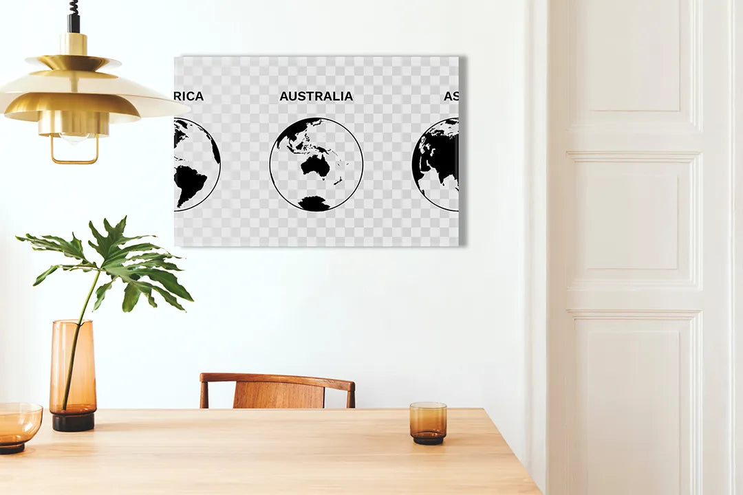 Kurkborden op canvas met wereldbollen met continenten – formaat 100 × 70 cm