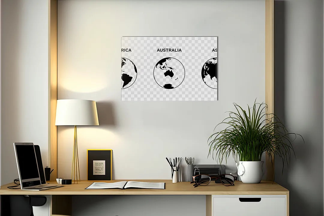 Kurkborden op canvas met wereldbollen met continenten – formaat 140 × 100 cm