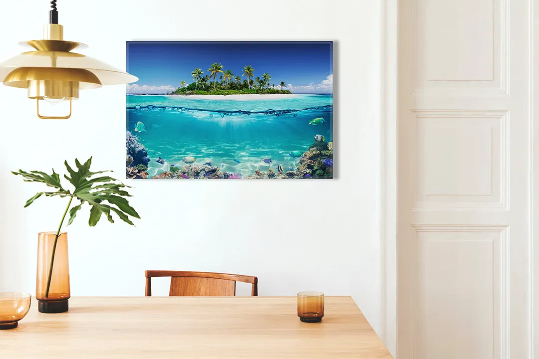 Kurkborden op canvas met tropisch eiland met helder water – formaat 100 × 70 cm