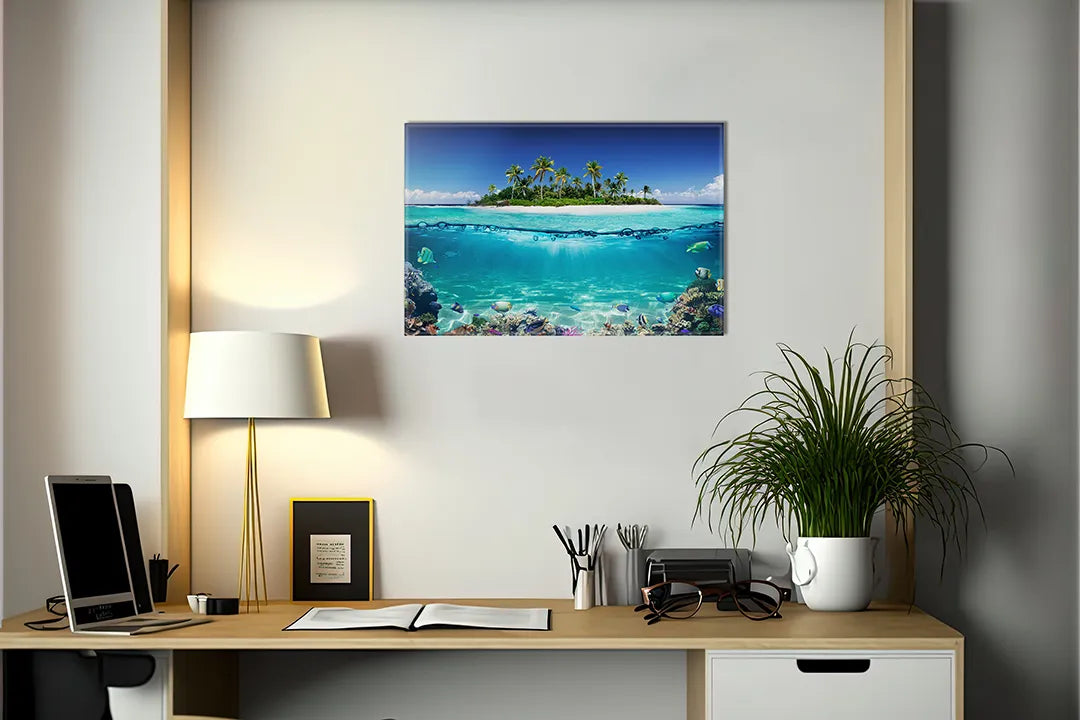 Kurkborden op canvas met tropisch eiland met helder water – formaat 140 × 100 cm