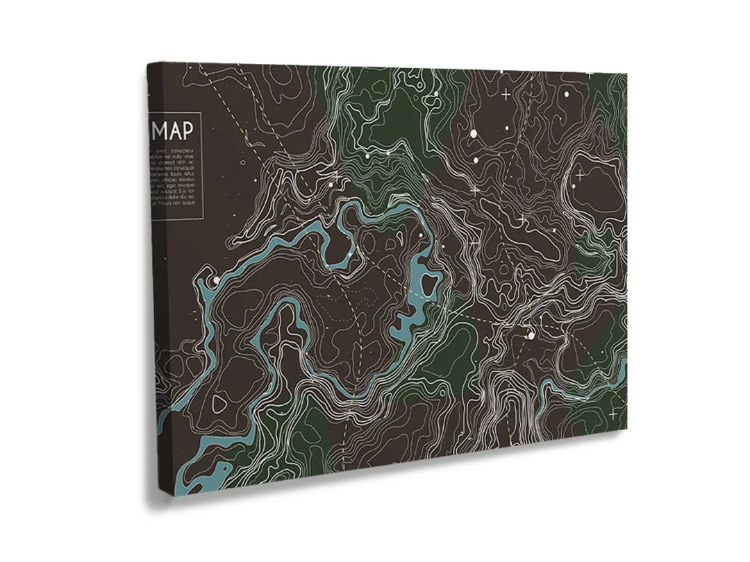 Kurkborden op canvas met donkere topografische landkaart – formaat 120 × 80 cm