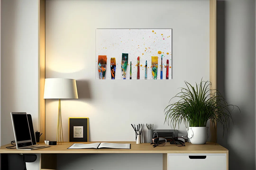 Kurkborden op canvas met kleurrijke verfpotten op witte achtergrond – formaat 140 × 100 cm